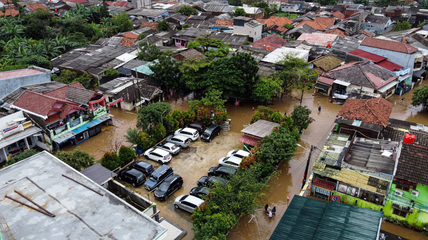 Aerial POV view Depiction of flooding. BEKASI, WEST JAVA, INDONESIA.