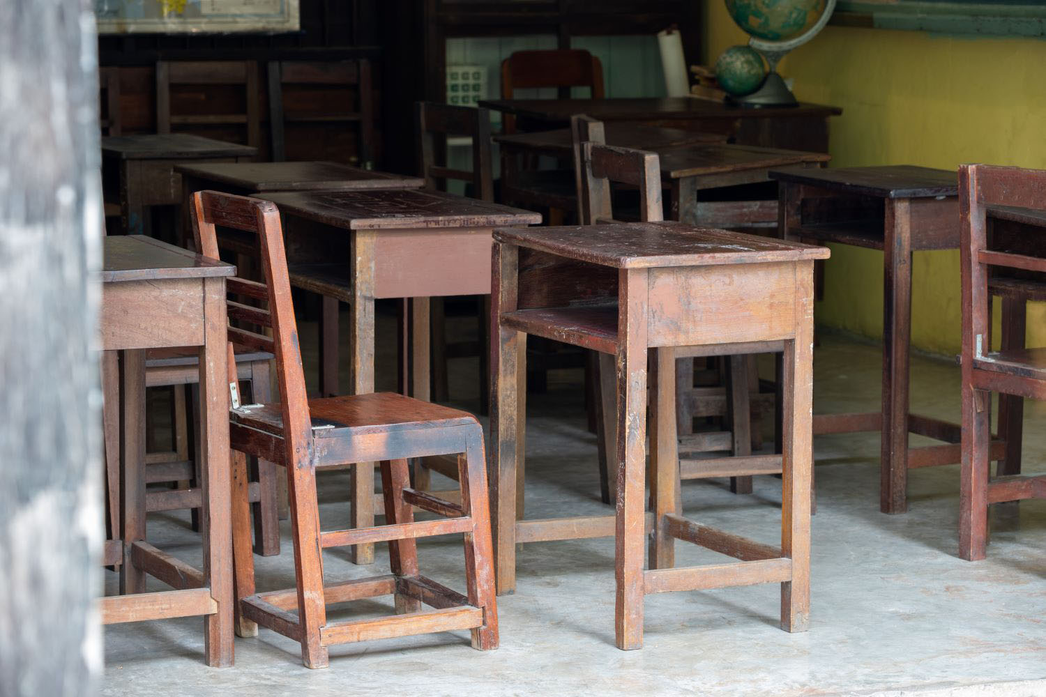 old wooden table in Thai school.