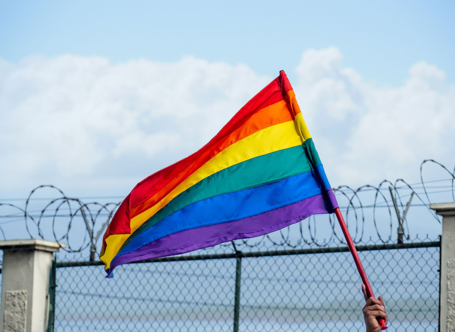 An LGBTQ + flag fluttering in the breeze with a barbed wire fence in the background and a blue sky with clouds.