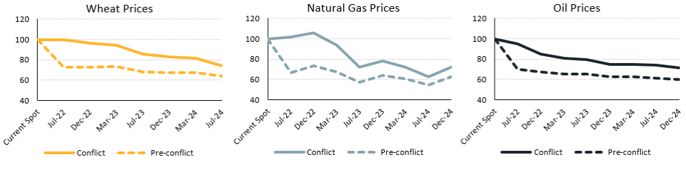 Three graphs showing Commodity prices futures: pre- and during conflict expectation
