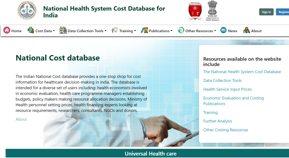 A screenshot of a health costing database