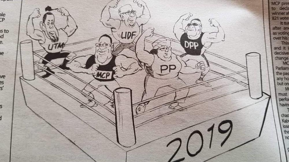 A cartoon illustration of Joyce Banda and fellow 2019 presidential candidates "in the ring"