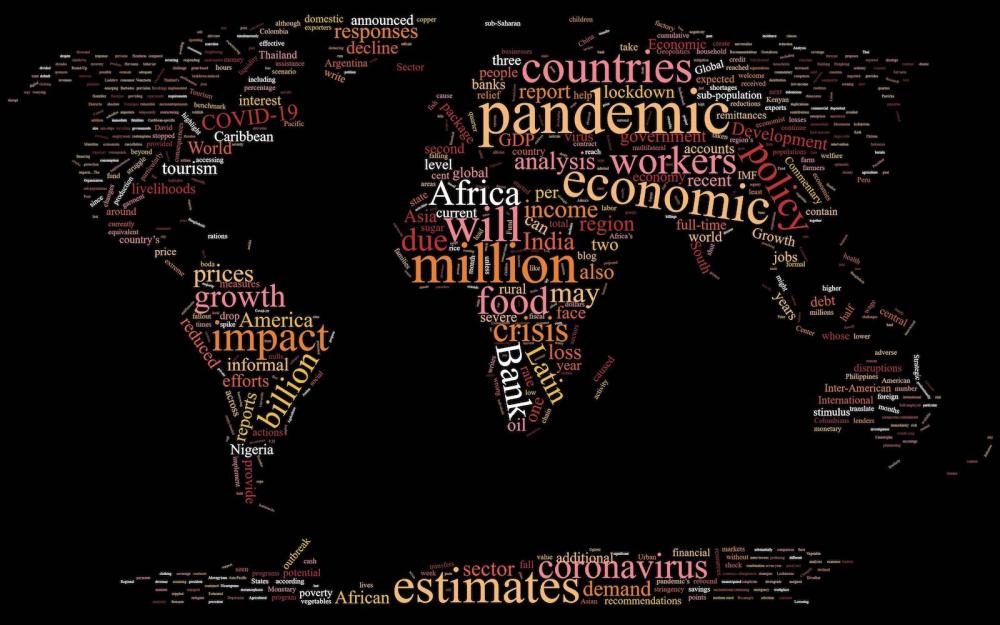 A word cloud of the most common words in the articles below, shaped like the world