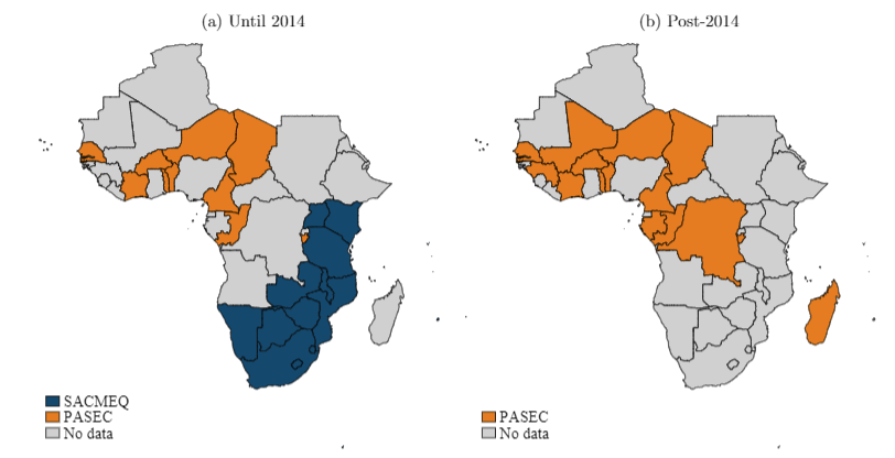 Map showing the changing coverage of SACMEQ and PASEC across Africa before and after 2014
