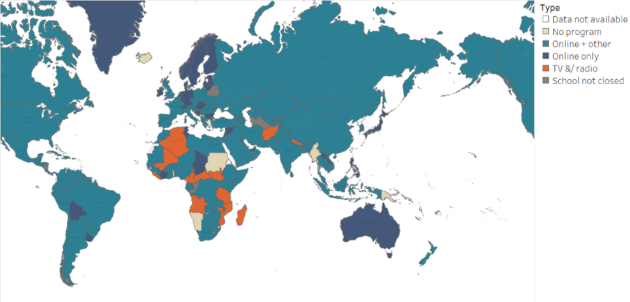 Map of the world showing distance-learning options by country in May 2020, with significantly improved coverage