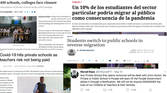 Collage of headlines about the economic impacts of the pandemic on private schools