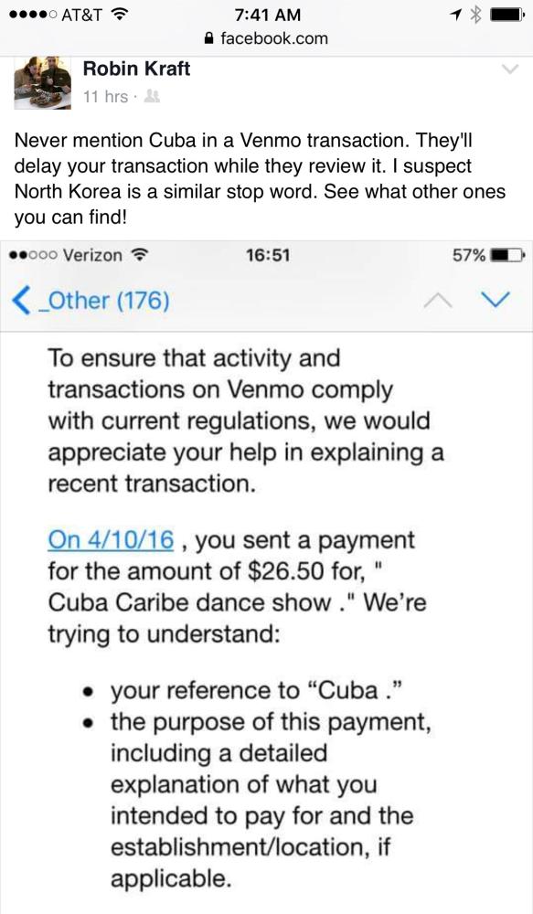 Never mention Cuba in a Venmo transaction...
