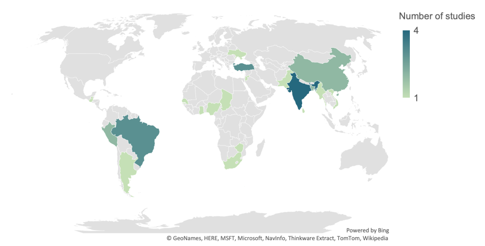 A map showing the geography of studies included in this review. The most are in India.