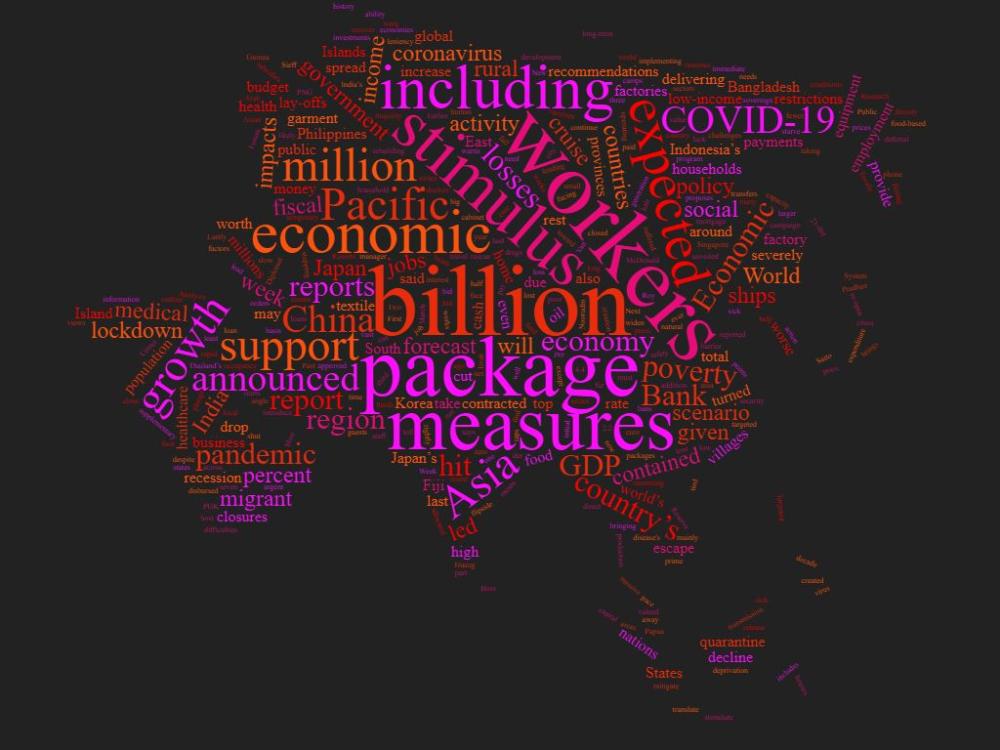 A word cloud of the most common words in the articles below, shaped like Asia and the Pacific.