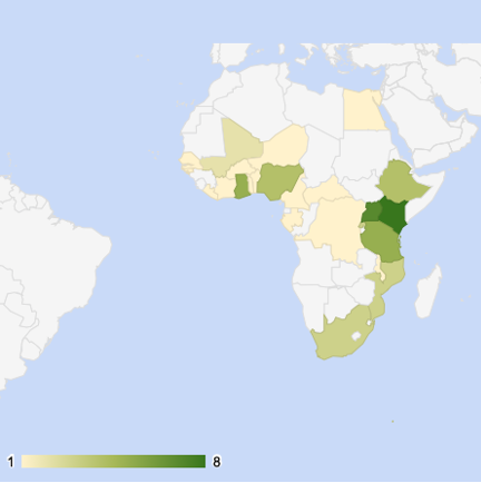 Map showing which countries have the most research on them in CSAE 2021. The large countries of East and Southern Africa are well-represented, while Central, North, and West Africa are lower.