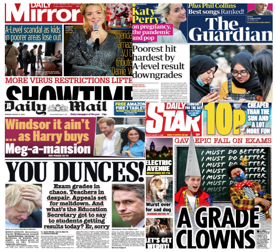 A selection of UK newspaper front pages about the exam debacle