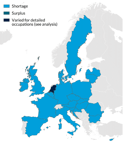 A map showing that 24 EU member states need tech professionals