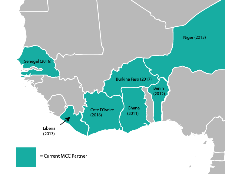 Map of current MCC partner countries in West Africa with the year compact development began