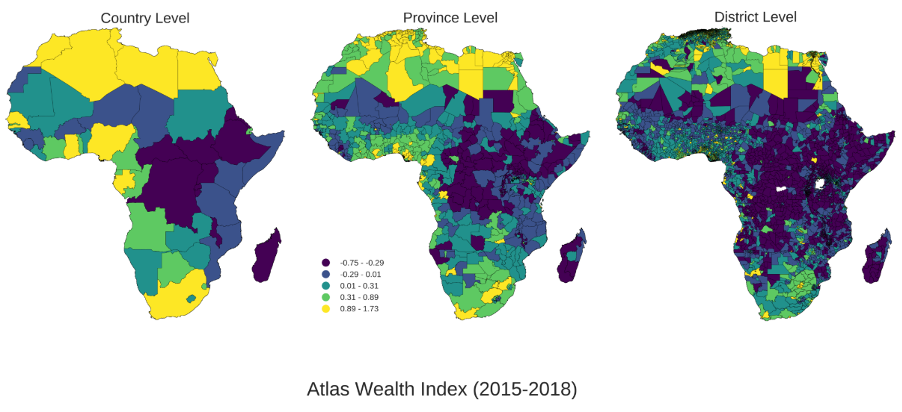 Wealth data for Africa shown at the country, provincial, and district level on three maps