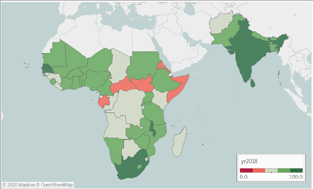 A measure of statistical capacity for African countries in 2018, shown on a map. Western Africa and some parts of Central Africa have improved from 2004.
