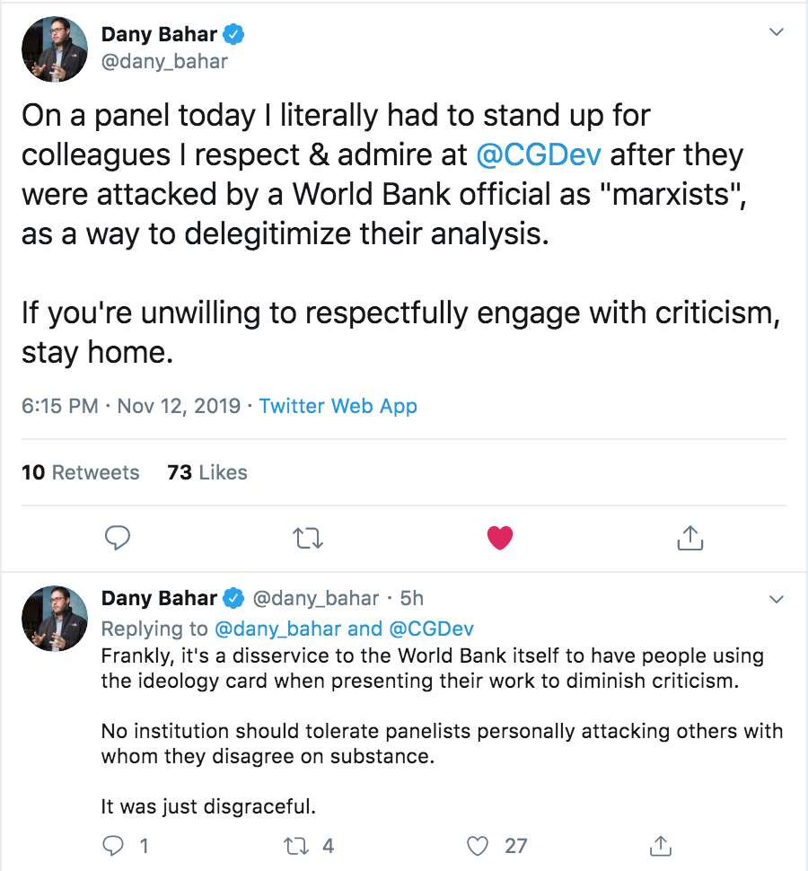 Two tweets from Dany Bahar about the comments on the doing business panel.