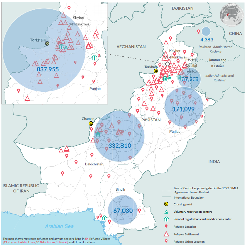 A map showing the location of Afghan refugees in Pakistan.