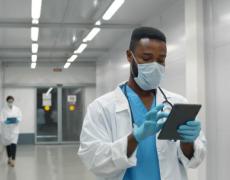 An image of an African doctor wearing protective mask and gloves using tablet working in clinic.