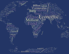 A word cloud of the most common words in the linked articles, shaped like the world.