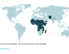 A map of the world showing which countries have health worker shortages